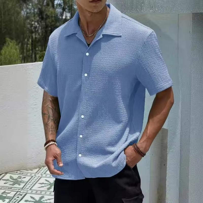 Men Business Shirt Men Solid Color Shirt Men's Summer Button-down Cardigan with Turn-down Collar Short Sleeves Loose