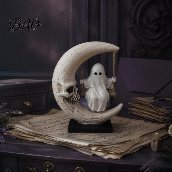 Personalized Birthday Present Halloween Ghost Swing Figurine, Spooky On A Moon Statue, Desk Decoration Resin Gothic Home for Desktop, Mantel,