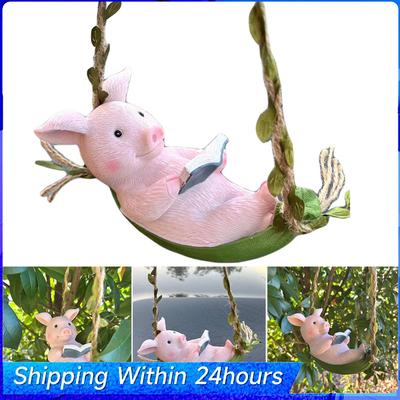 Cute Pig Swing Hanging Ornaments Resin Pig Swing Sculpture Ornament Lovely Pig Landscape for Outdoor Balcony Patio Tree Decor