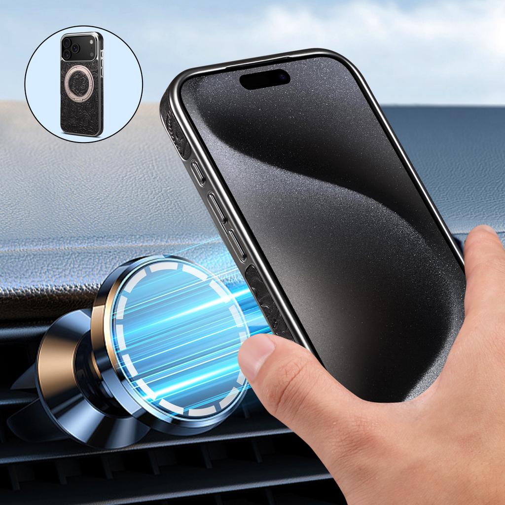For iPhone 17 Pro Max Kickstand Phone Case Flower Imprint Genuine Cow Leather Back Cover Compatible with MagSafe