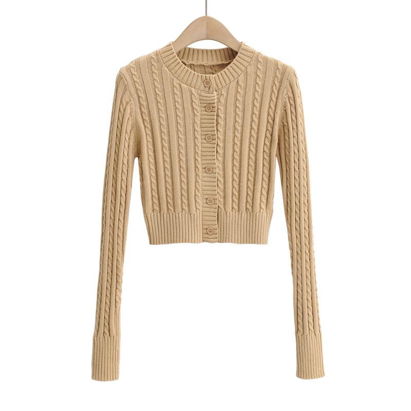 European & American Style Solid Color Cable Knit Cardigan - Round Neck, Single-Breasted, Long Sleeve Top for Women