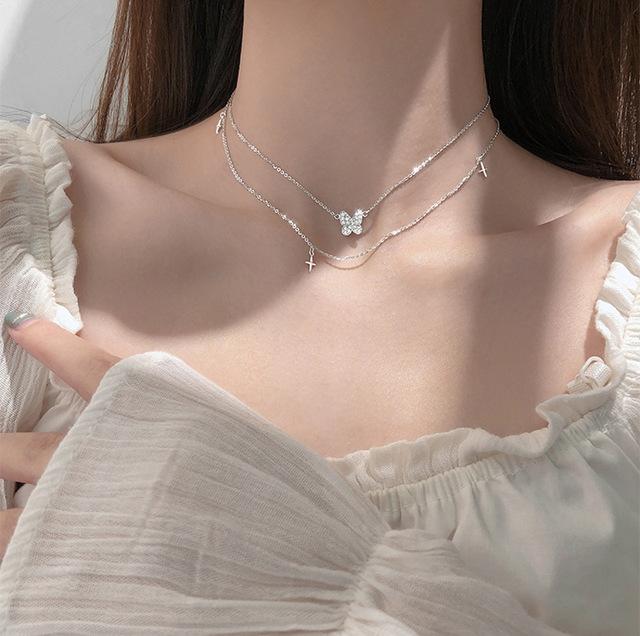 

ANENJERY двухслойное блестящее ожерелье-бабочка для женщин, модное ожерелье с крестом, цепочка на ключицы, ювелирное изделие, подарок, оптовая продажа серебряный