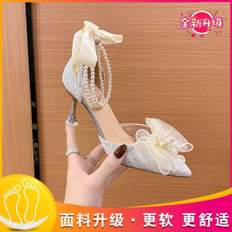Medium heel stiletto high heels women's sandals 2025 summer new one-word buckle bow single shoes fairy style work shoes