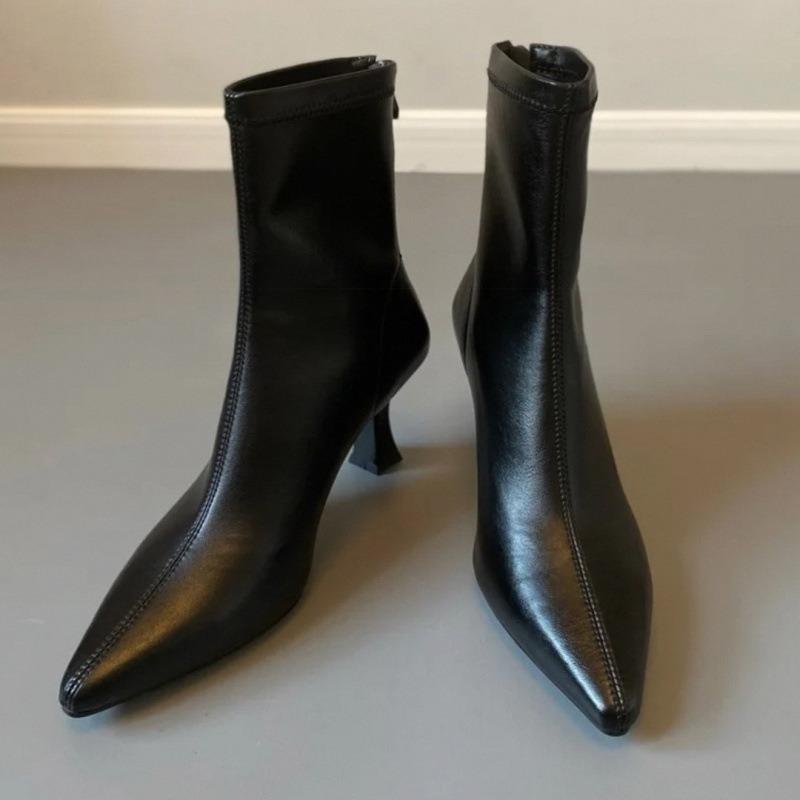 Lammfellversion~ spitze dünne Stiefel Damen Frühling und Herbst neue hochhackige Martin-Stiefel dünnabsatzige Temperament kurze Stiefel