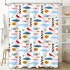Blue and White Shower Curtain Decorative with Various Patterns including Black White Lighthouses, Red Cardinals, Pink Hogs, Airp