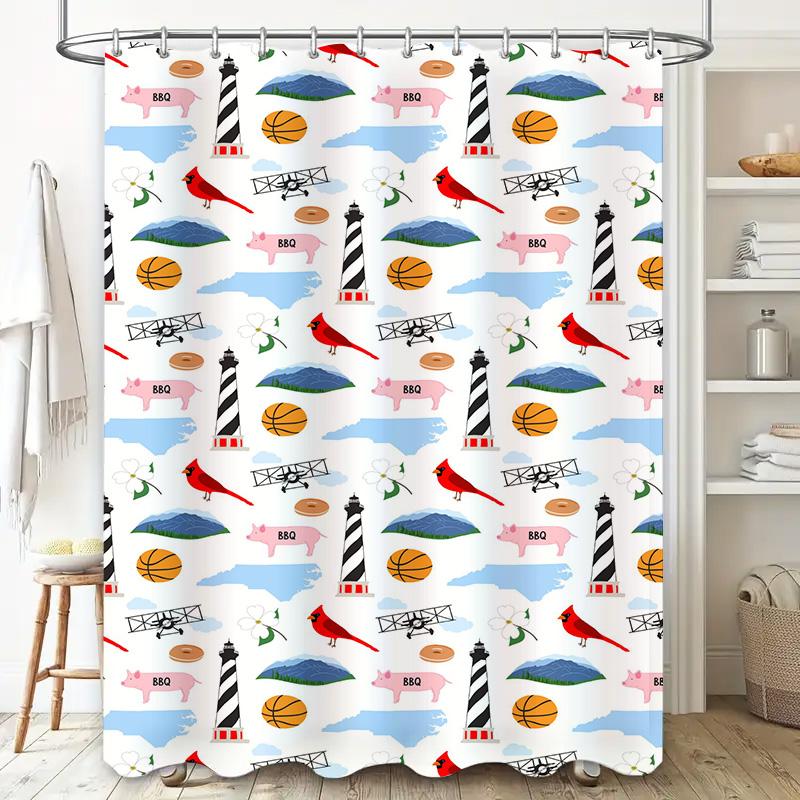 Blue and White Shower Curtain Decorative with Various Patterns including Black White Lighthouses, Red Cardinals, Pink Hogs, Airp