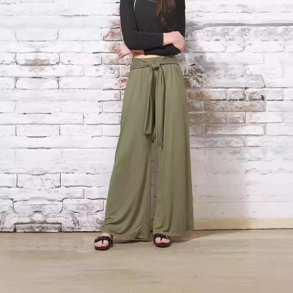 Women's Elastic High Waist Self Tie Belt Solid Color Wide Leg Long Pants Soft Casual Loose Trousers For Summer Daily Yoga Wear