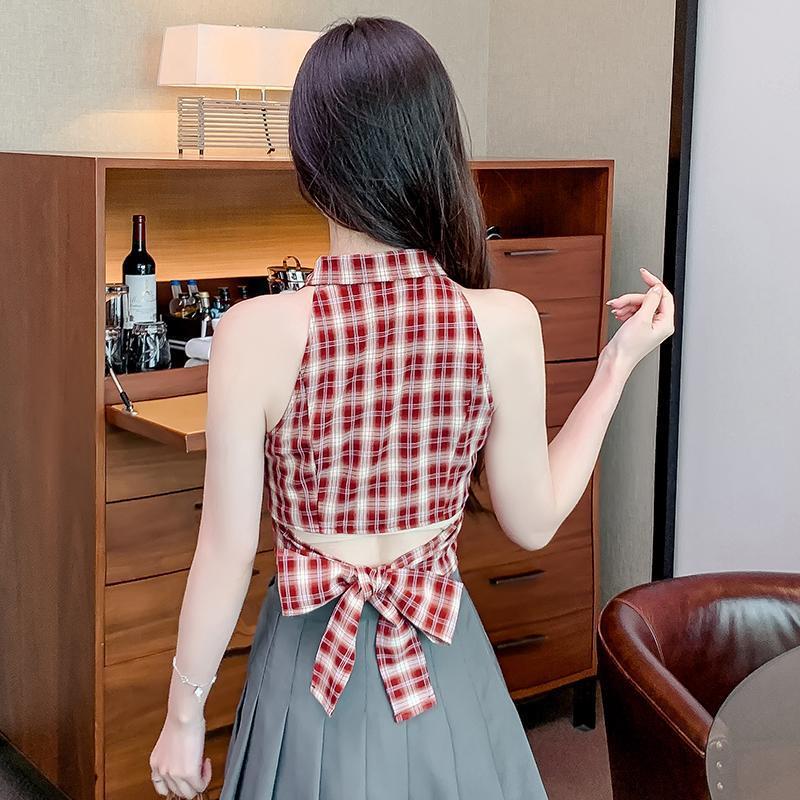 Damen Retro Karo Ärmellose Weste mit Anzugkragen & Taillierungsdesign