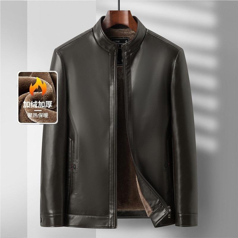 Autumn and winter velvet thickened leather jacket middle-aged and elderly men's stand-up collar casual leather jacket warm winter dad leather jacket