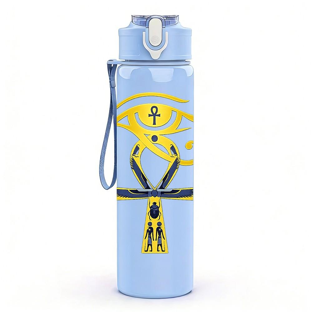 1PC Egyptian Golden Ankh Symbol Print 750ml Color Plastic Sports Water Bottle Leakproof Flip Straw Lid Suitable for Sports Office Home Use