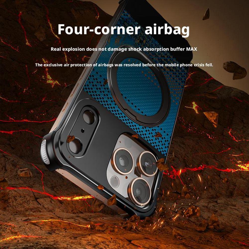 For iPhone 16 Pro Max Magnetic Case Borderless Carbon Fiber Texture PU Metal Phone Cover with Kickstand