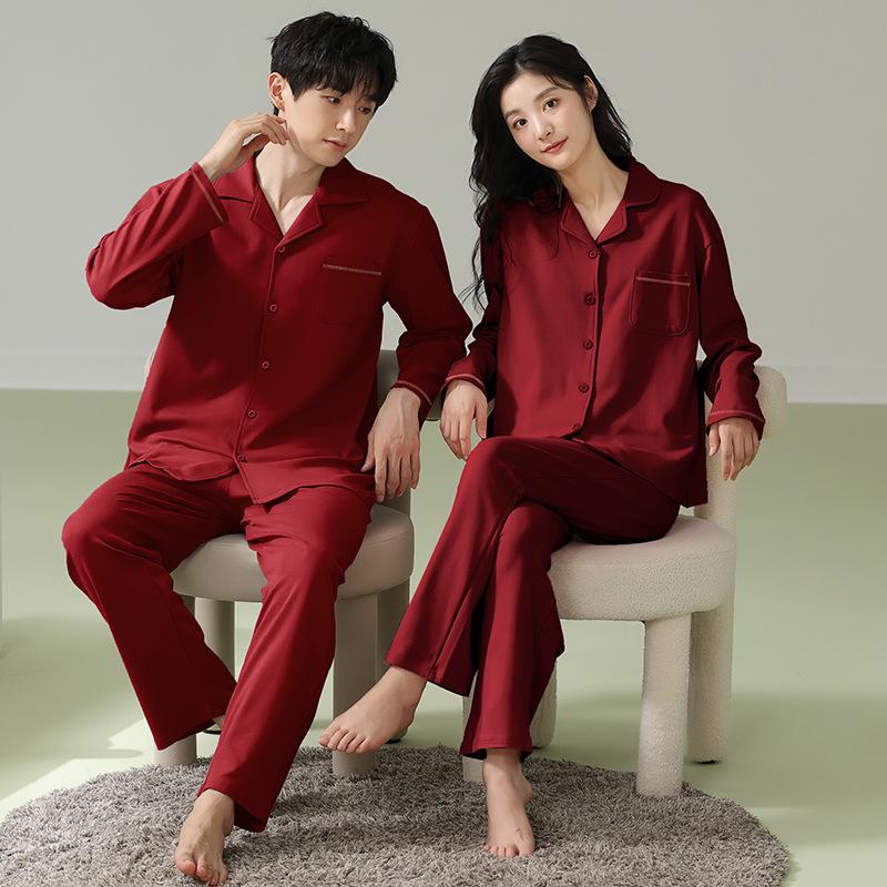 Red wedding couple pajamas women's spring and autumn pure cotton long-sleeved newlywed men's simple cardigan loungewear set