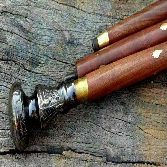 Antique Brass Designer Handle Wooden Walking Cane Stick Vintage Victorian