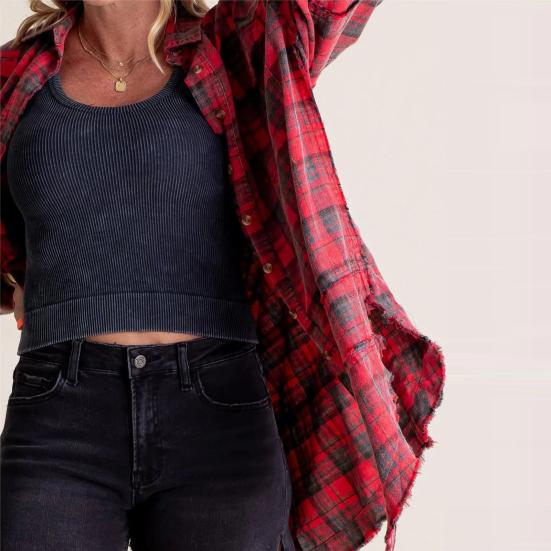 Chemise Femme Revers Manches Longues Poches à Rabat Hauts de Chemise Boutonnage Simple Bord Frangé Effet Vieilli Coupe Oversize Veste Chemise