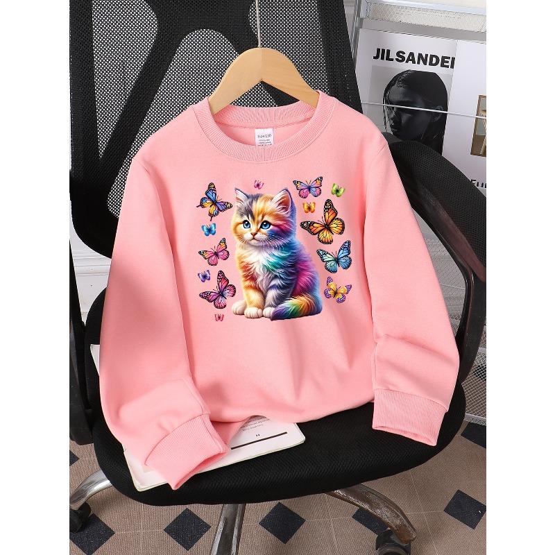 Kids Sweatshirt,Crew Neck Fashion Top, Fun"Rainbow Kitten Butterflies " Patterned Sweatshirt, for Everyday Casual Wear, for All Kinds of Daily Outfits