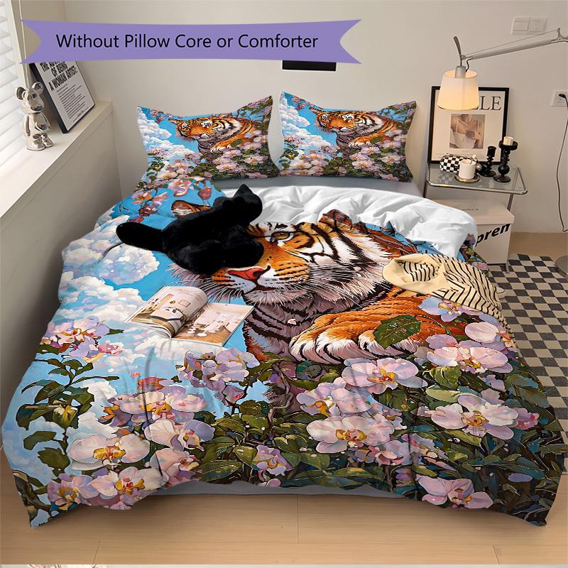 

3pcs Tiger Floral Print Duvet Cover Set - Machine Washable, Includes 1 Cover and 2 Pillowcases, No Core Included yy251013094 135x200cm