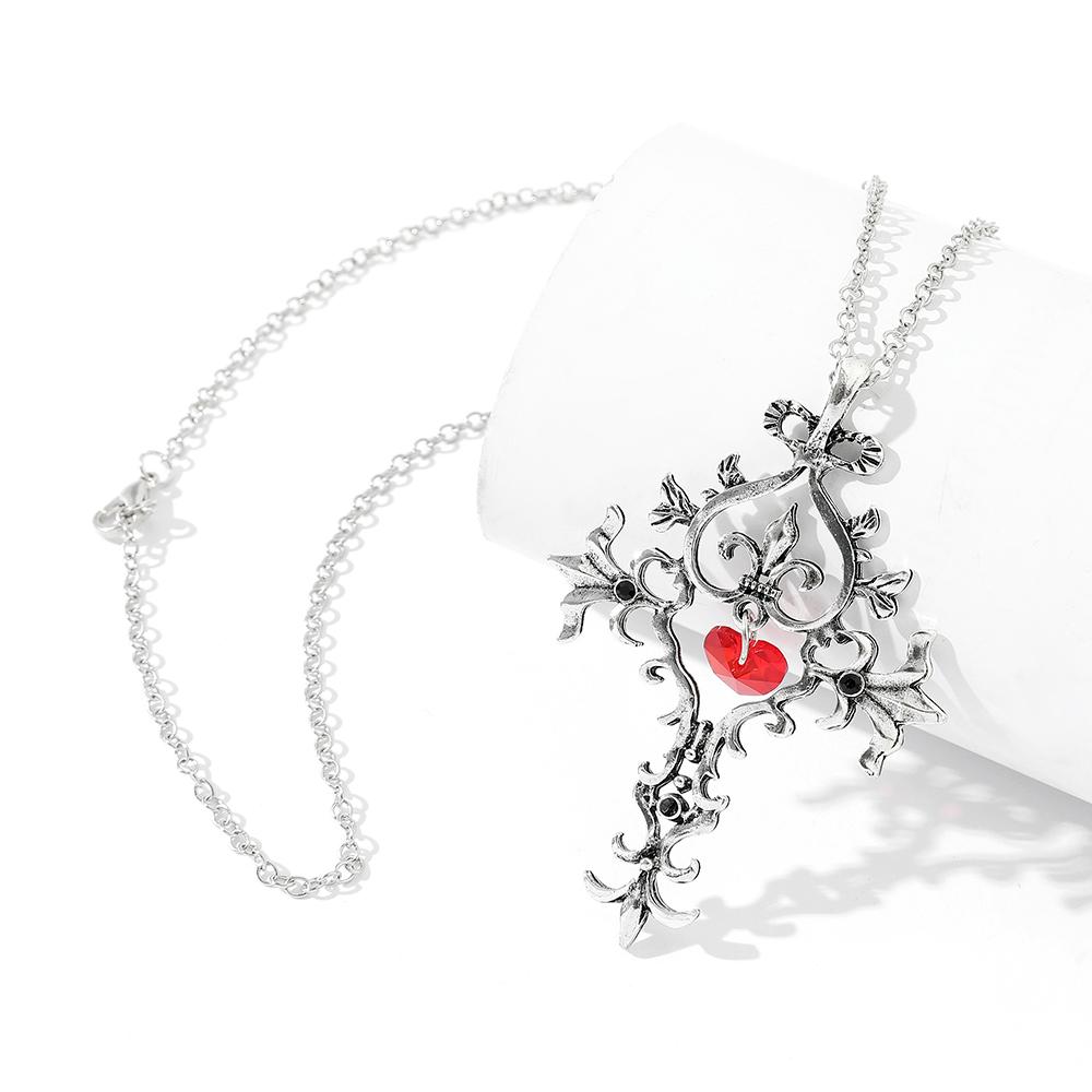 The Vampire Diaries Red Crystal Sacred Heart Cross Pendant Necklace Vintage Gothic Jewelry For Women Girls Gifts