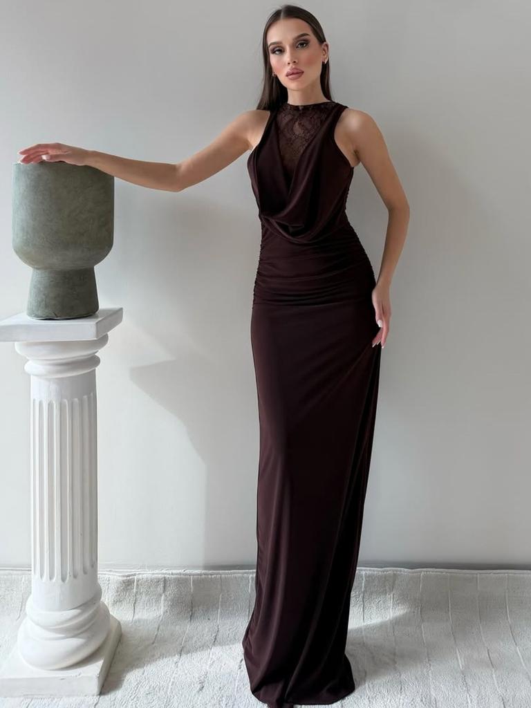 Lace Splicing Swing Neck Sleeveless European and American Dress Women's Summer Slim-fit Solid Color Skirt Pure Waist Hip-wrapped Long Dress