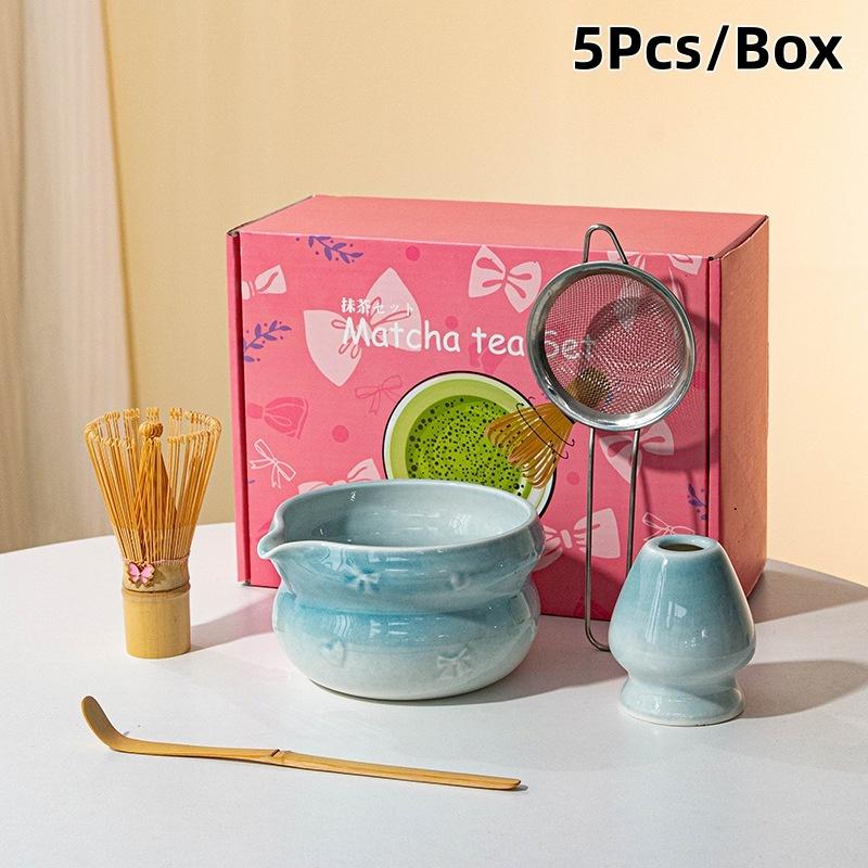 5Pcs Pink Japanese Style Matcha Making Kit Ceramic Matcha Bowl Cute Tea Cup With Spout Complete Tea Brewing Matcha Tea Set A3