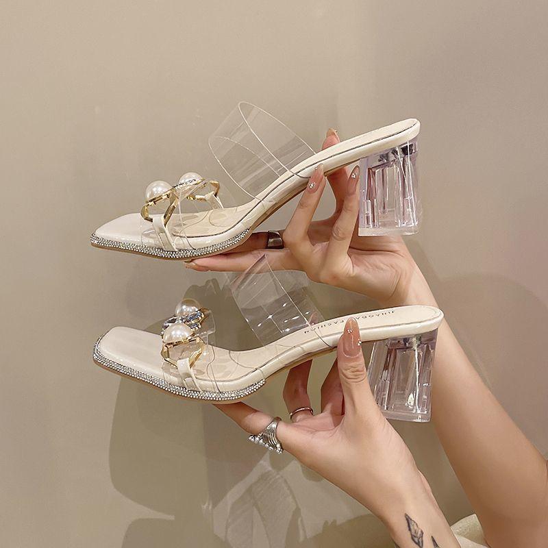 Transparent high heels thick middle heel open-toed slippers women's shoes outer wear 2025 summer with pearl rhinestone sandals
