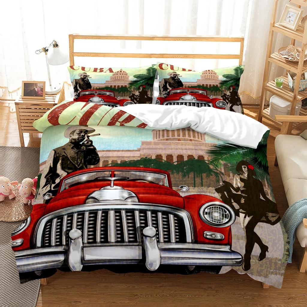 New York Statue Of Liberty Duvet Cover Kingqueen Size Retro Car Nostalgic 50S BeddingVintage Car Polyester Quilt Cover For Men