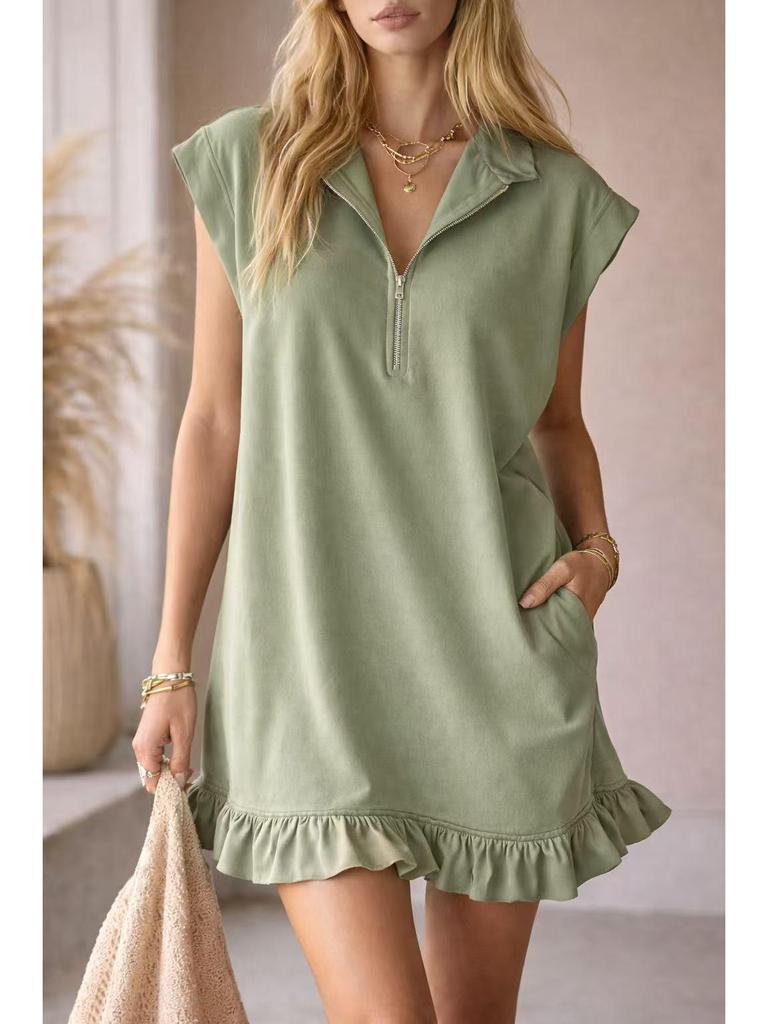 2026 Spring/Summer Women's Sleeveless Zipper V-Neck Ruffle A-Line Dress with Double Pockets