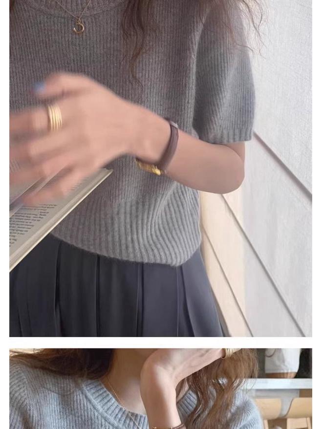 Women's High-End Soft Gray Knitwear: Bubble Sleeve Fitted Round Neck Short Sleeve Sweater for Autumn/Spring