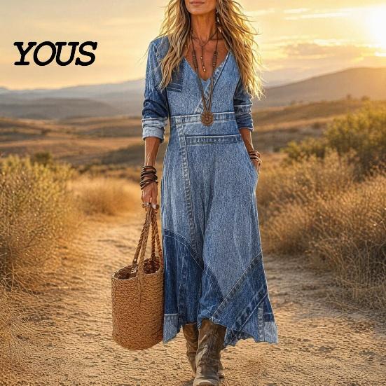 Asymmetric Hem Dress Denim Print Maxi for Women, Casual Long Sleeve V Neck Dress, Summer Loose A-line Flowy Vacation