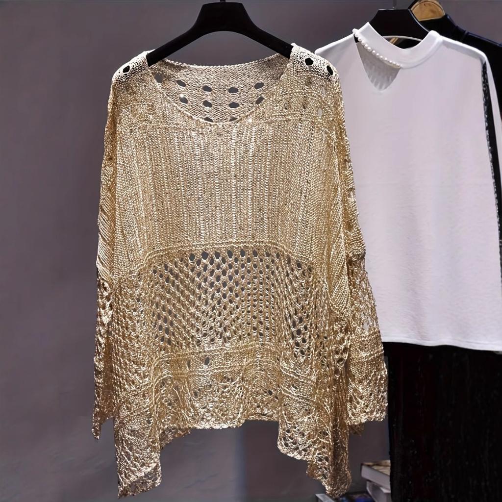 Plus Size Women's Crochet Hollow Out Knit Sweater, Spring Summer Fashion Casual Versatile Age-reducing Top