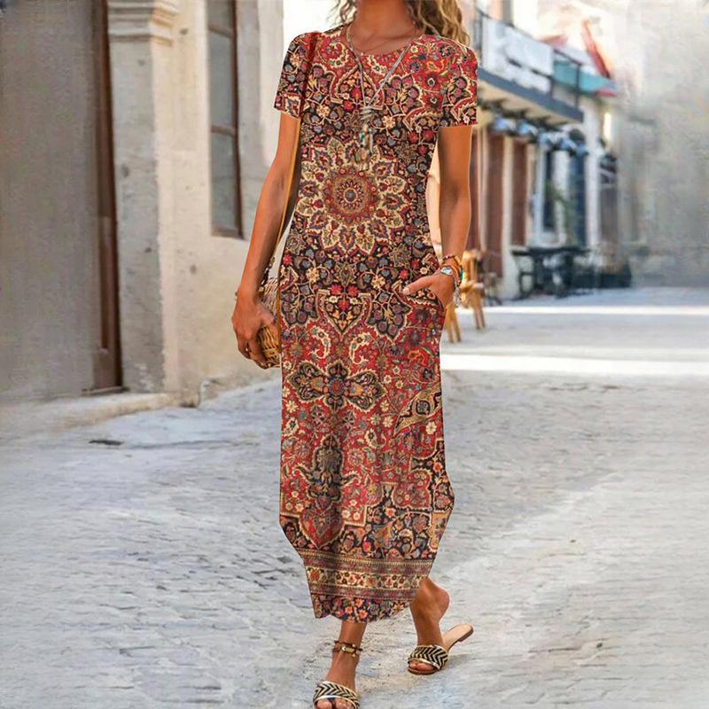 IHUASU Women's O Neck Plug Pocket Short Sleeve Trendy Printed Dresses