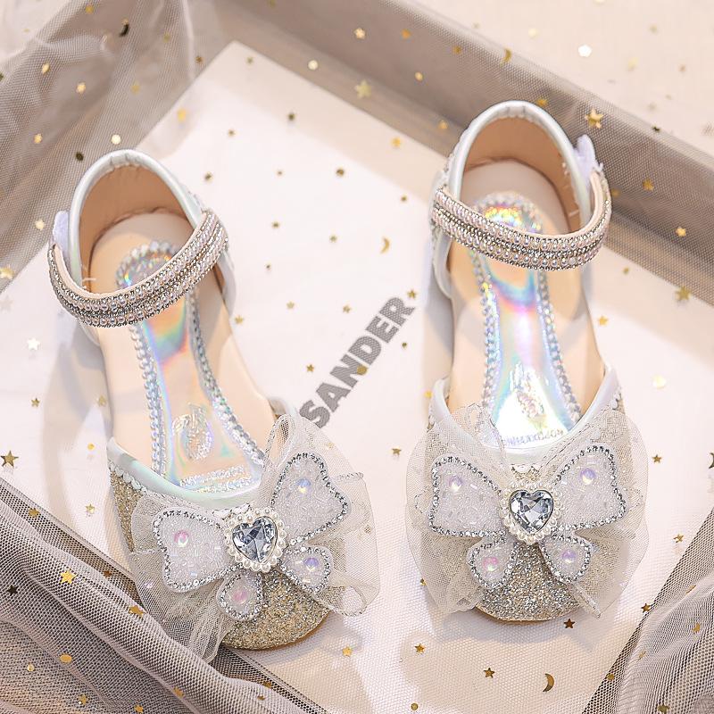 Summer 2025 Princess Shoes - Girls  Rhinestone Bow Leather Closed-Toe Soft Sole 30