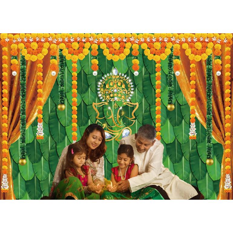 Indian Pooja Traditional Backdrop Diwali Ganpati Ganesh Marigold Puja Photography Background Green Banana Leaves Adult Religious Service Weeding