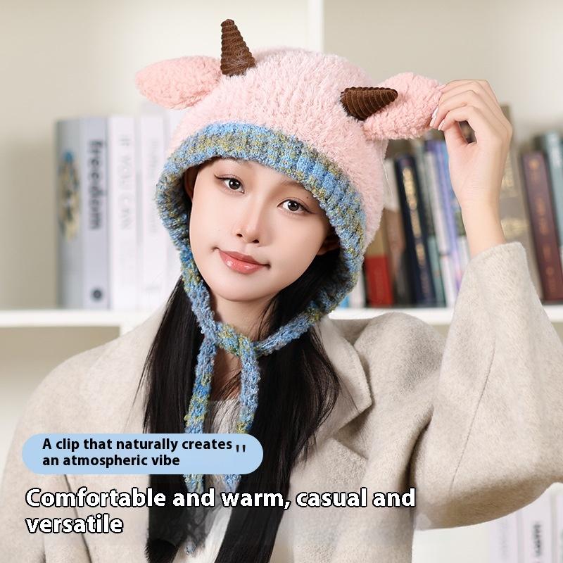Cute Korean Double-Layer Thick Version Lamb Ears Knitted Ear Protection Loose Big Head Circumference Warm Cold Proof Plush Hat