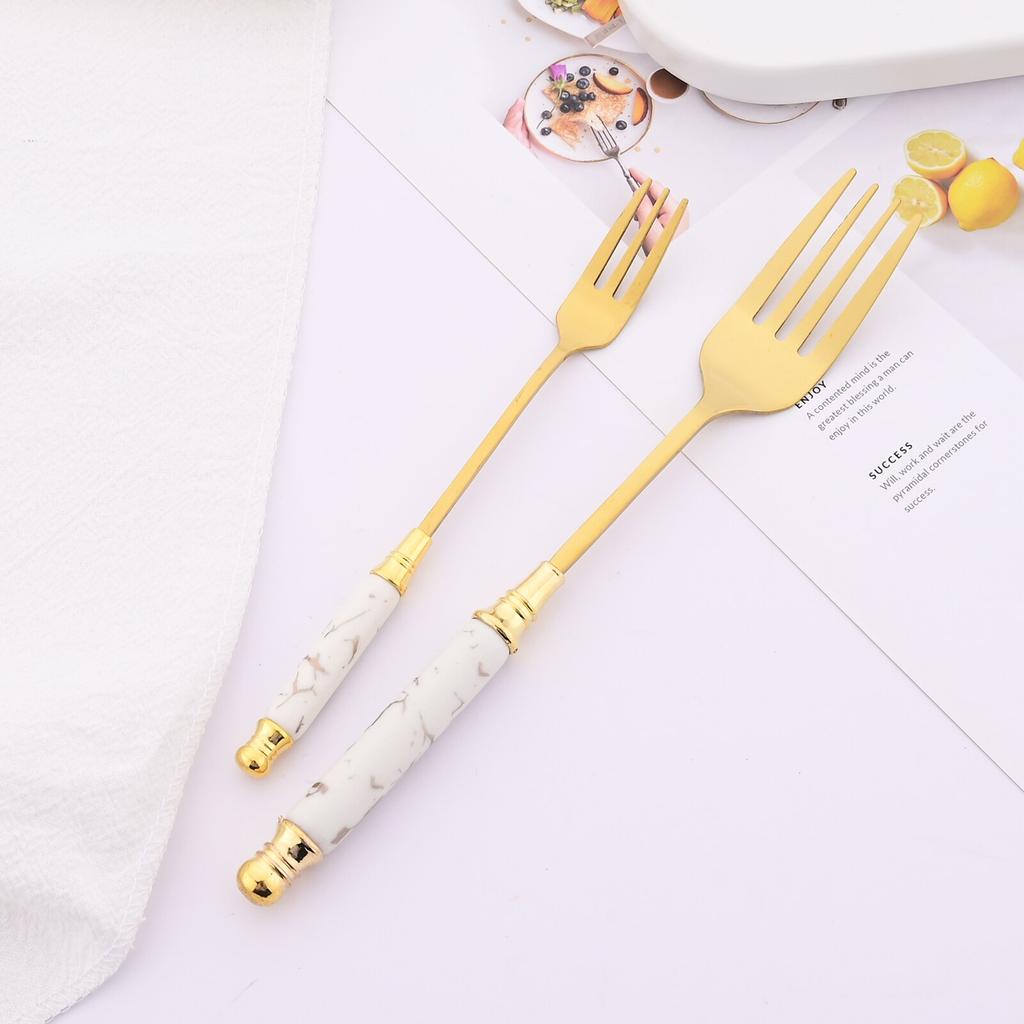 5pcs/set Luxury Dinnerware Set with Ceramic Handle White Gold Stainless Steel Cutlery Tableware Knives Forks Coffee Spoon Flatware