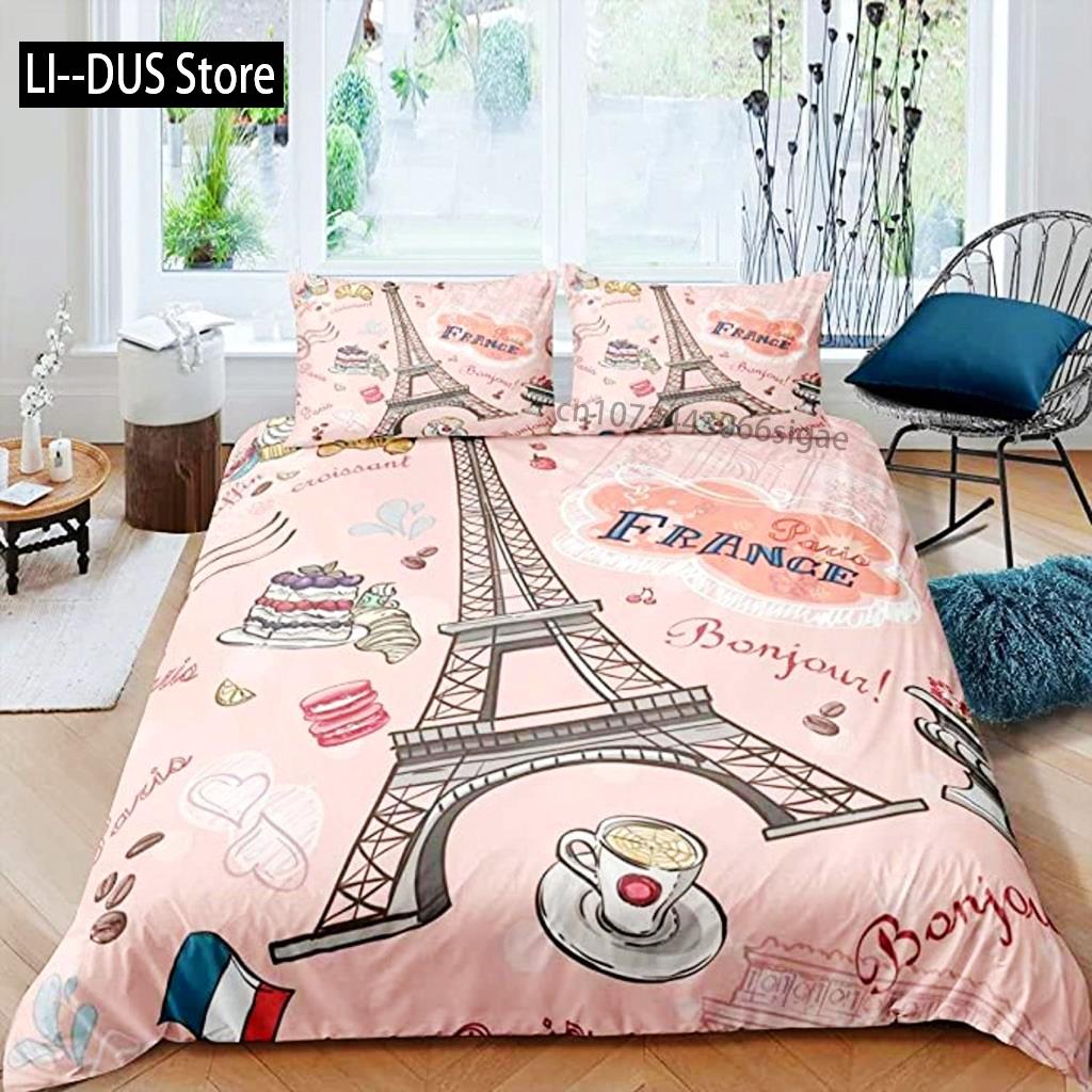 Paris Duvet Cover Set Polyester Paris Theme White Pink Stripe World-Famous Architecture Creativity Double Queen King Quilt Cover