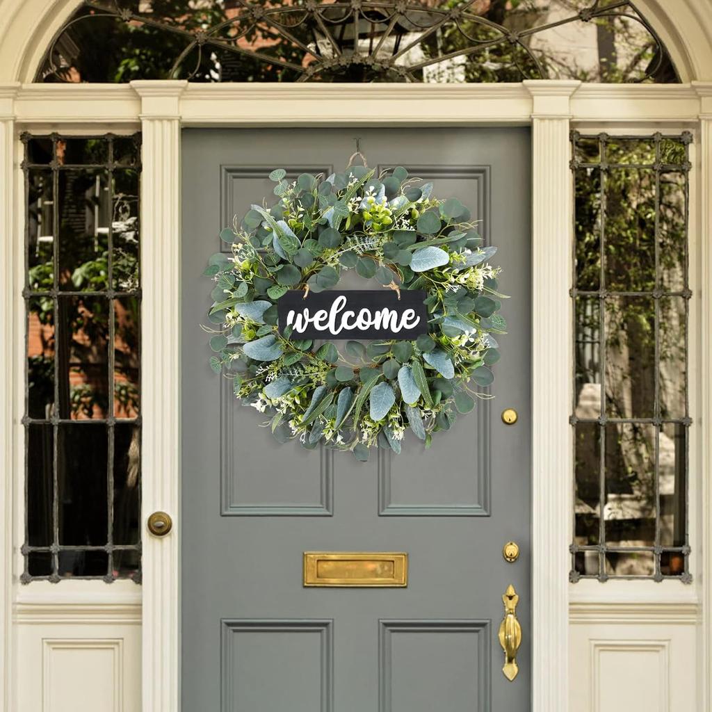 Dremisland Green Eucalyptus Wreath with Welcome Sign 22in Spring Summer Artificial Eucalyptus Wreath for Front Door Polytype Leaves Wreath for Wall