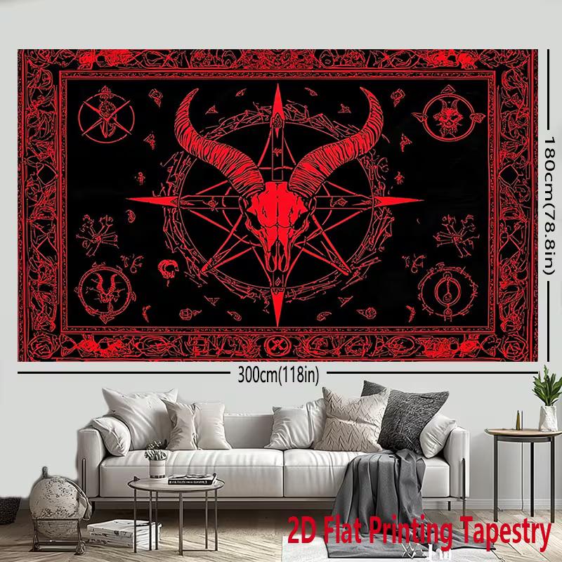 Arazzo 2D Testa di Capra Satanica Oscura Pentagramma Rosso Simboli Occulti Stregoneria Decorazione da Parete