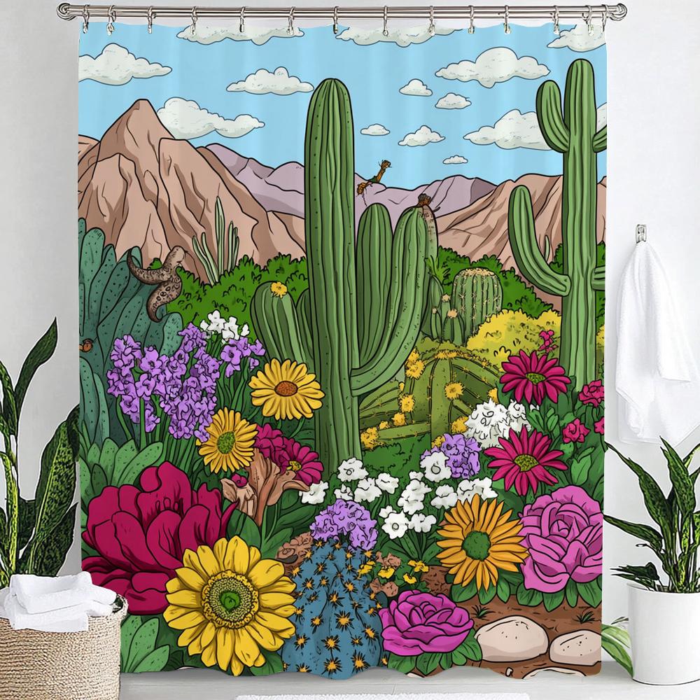 Nordic Art style Plant Cactus Printed Shower Curtain Bathroom Curtain,Hanging Curtain With 12 Hooks Decoration Machine Washable
