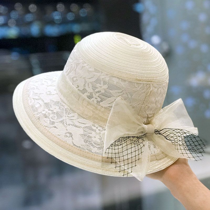 Summer Fashion Lace Mesh Fisherman Hat, Hepburn Style Colorful Retro Bowler Hat Elegant Bow Sun Hat