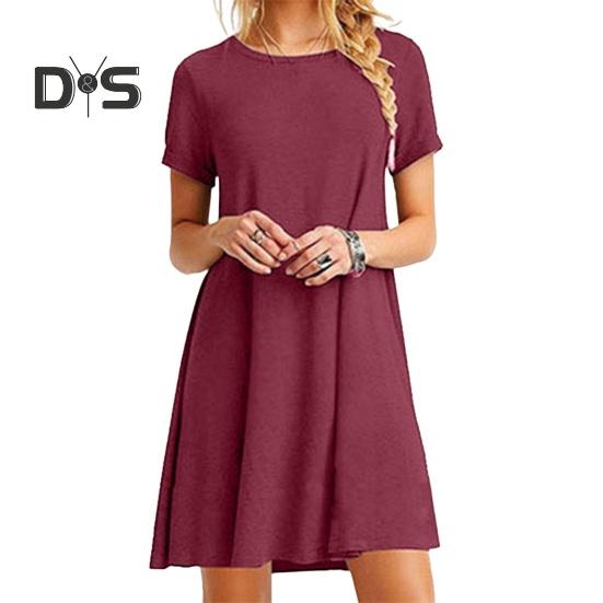 Letní mini šaty s krátkým rukávem, áčkového střihu, s kulatým výstřihem, jednobarevné, délka nad koleno, jednoduchý styl, krátké šaty na rande, plážovou párty