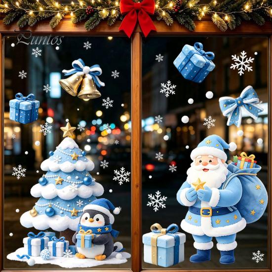 Blue And White Christmas Decor Tree/Santa Claus Window Clings, PVC Waterproof Static Glass Stickers, Clings Winter Wall Decals for Holiday Home Store
