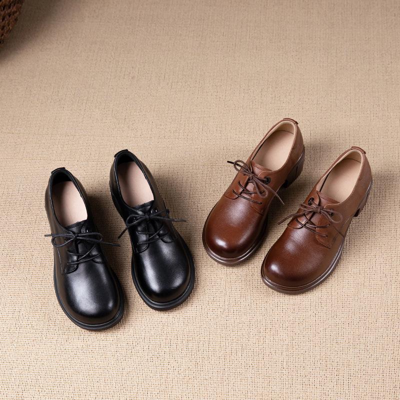 Die erste Schicht Rindsleder Einzelne Schuhe Damen Keilabsatz Herbst Neu Schnürleder Brock Britisch Retro Slipper Damenschuhe