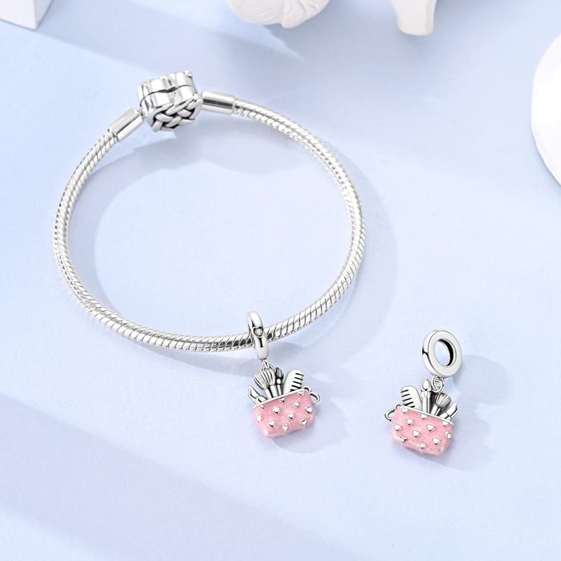 Original 925 Sterling Silver Bead Charms Heart Pink Makeup Tools Bag Pendant Fit Original Bracelet For Women DIY Jewelry Gift