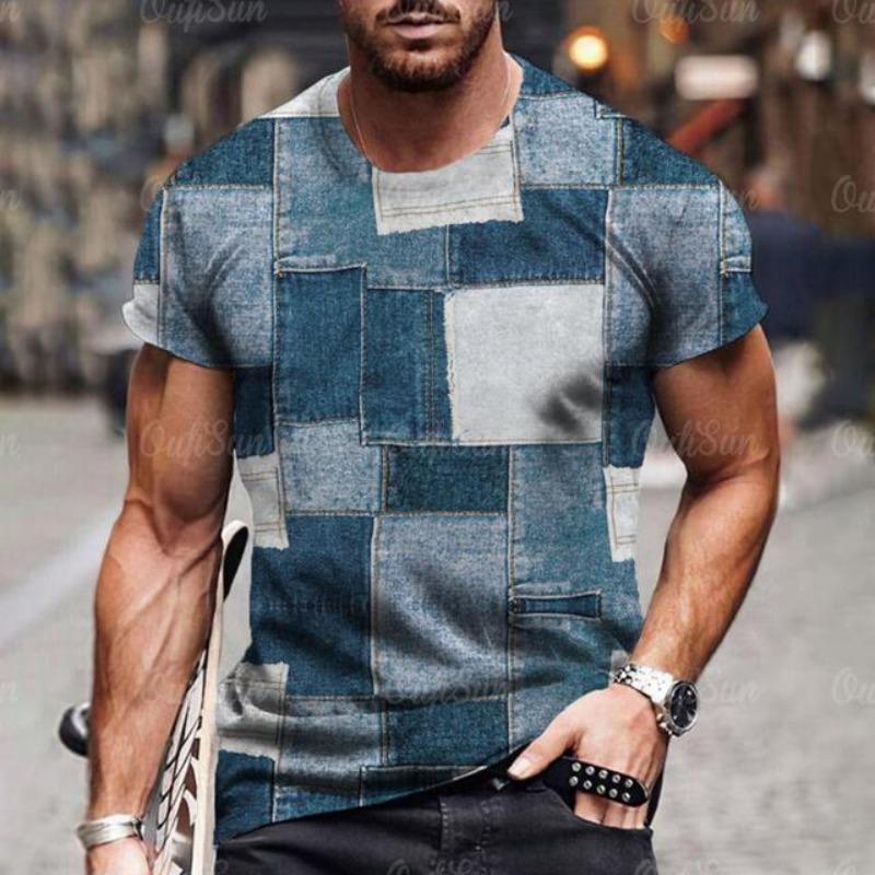 2026 New Trendy Denim Graphic Stitching Short Sleeve T-shirt Casual Loose Men's Short Sleeve Tee Oversized T Shirts For Man