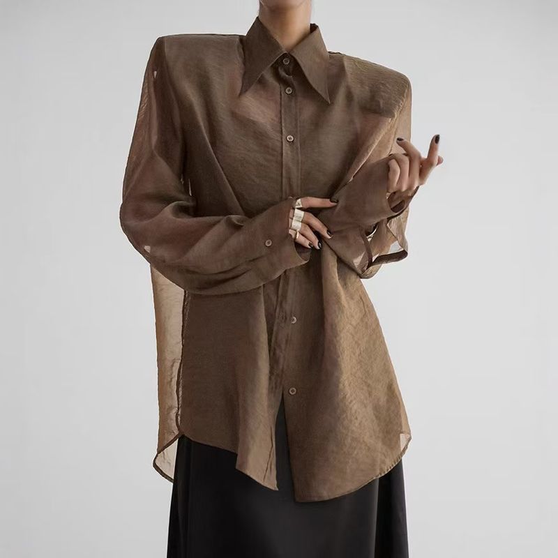 

Western Style New Temperament Retro Perspective Gauze Loose Long sleeve Shirts Sexy Perspective Shirt Brown S