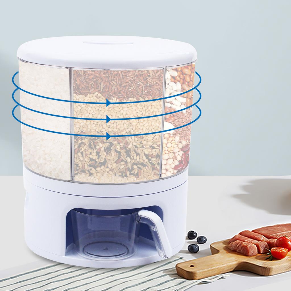 360° Rotating Grain Dispenser for Rice, Beans, Seeds – 11KG Large Capacity White Kitchen Storage Container with Measuring Cup