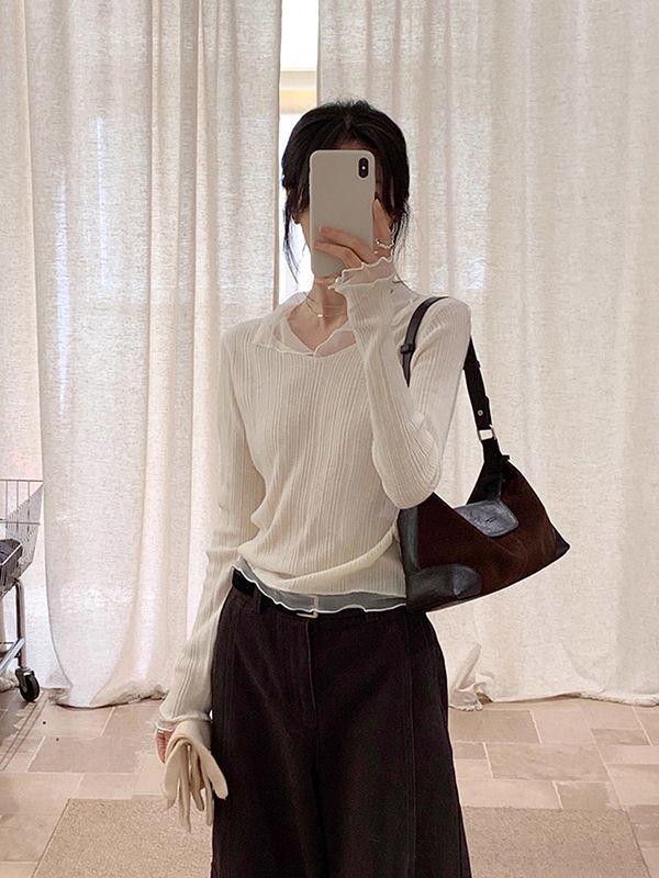 Korean Style White Mesh V-Neck Patchwork Long Sleeve Slim Top for Women - Autumn/Winter