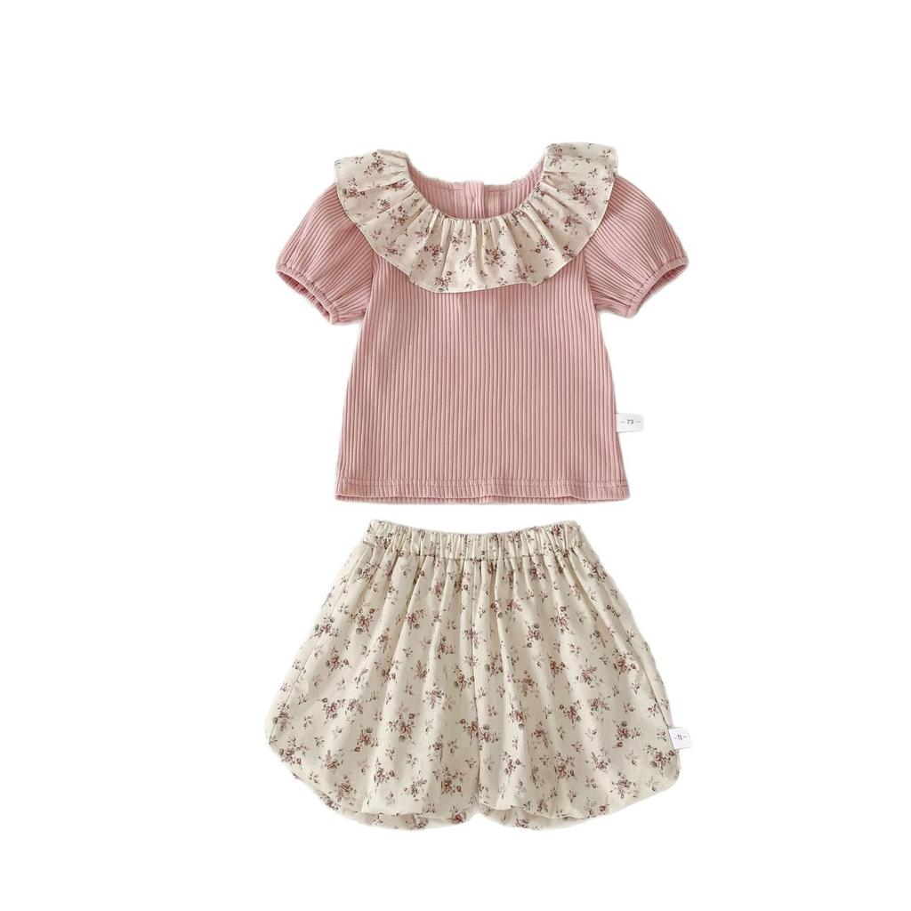 Summer Baby Girl Floral Short Sleeve Top with Bloomer Shorts Set