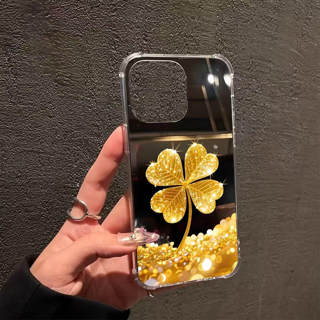 

Golden Four-Leaf Clover Phone Case for iPhone 11, 12, 15 Pro Max, 16, 17 - Dirt-Resistant, Mirror Surface with Large Hole Design 12 Pro Max