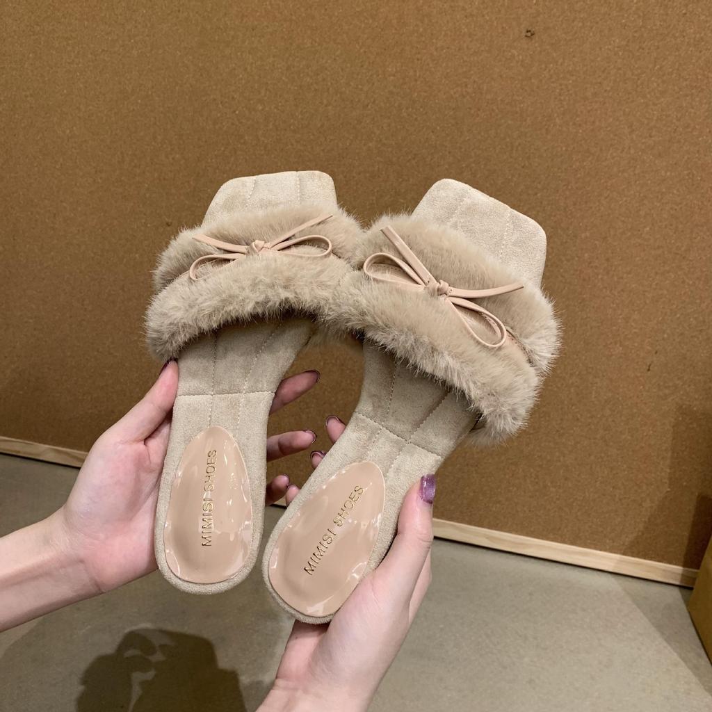 French Bow Square Head Fluffy Slippers Women's Outer Wear 2025 New Autumn Indoor Flat One-word Cotton Slippers